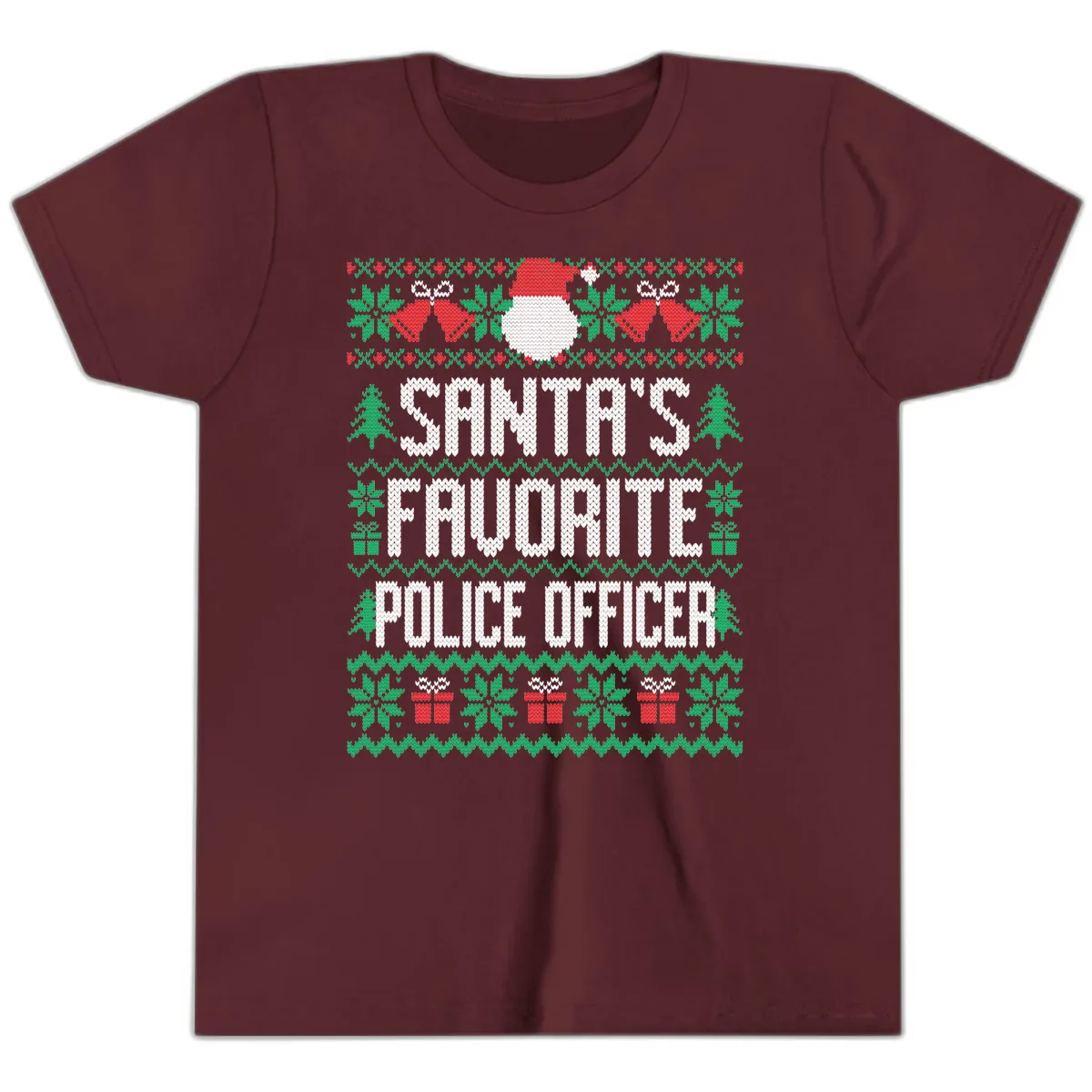 Santa's Favorite Police Officer Ugly Christmas Youth T-Shirt in Maroon