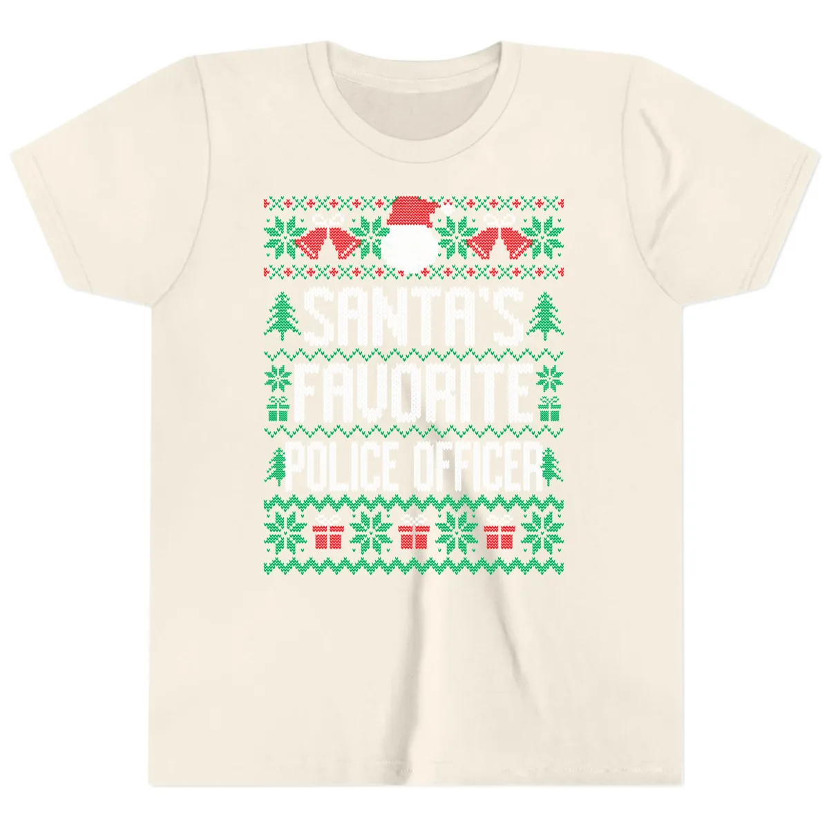 Santa's Favorite Police Officer Ugly Christmas Youth T-Shirt in Natural