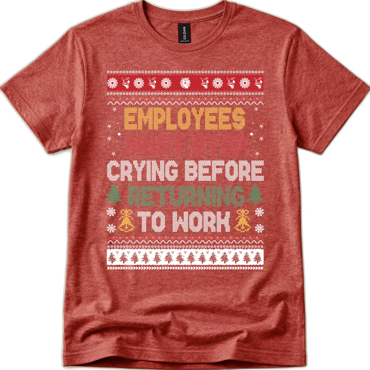 Employees Must Stop Crying Ugly Christmas Sweater Design T-Shirt in Heather Cardinal