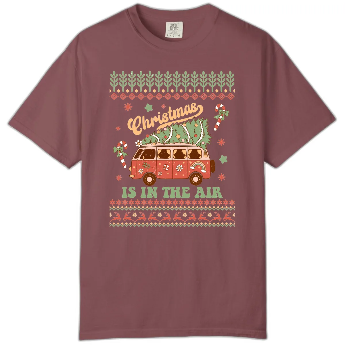 Retro Christmas Van Tree Delivery Comfort Color in Brick