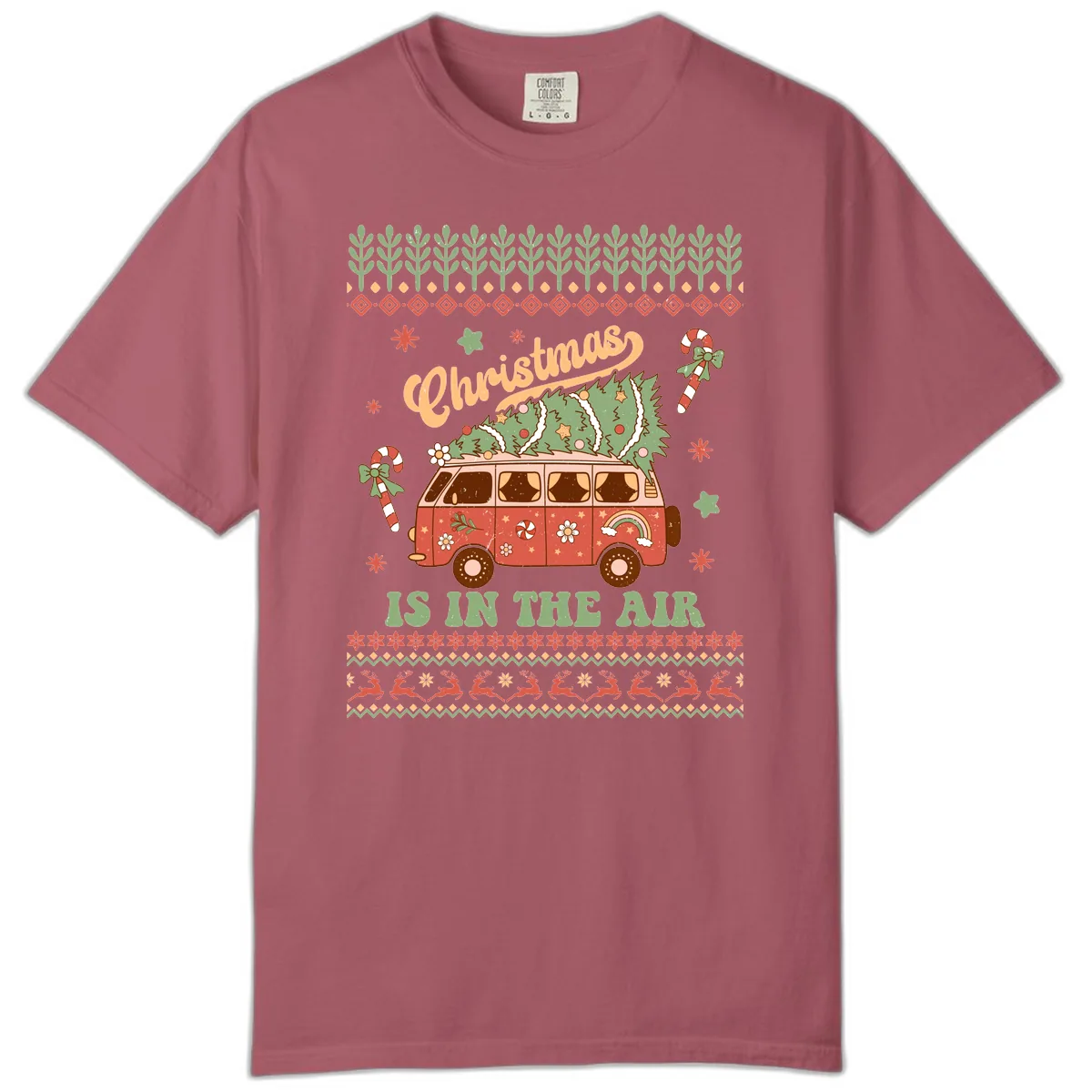 Retro Christmas Van Tree Delivery Comfort Color in Crimson
