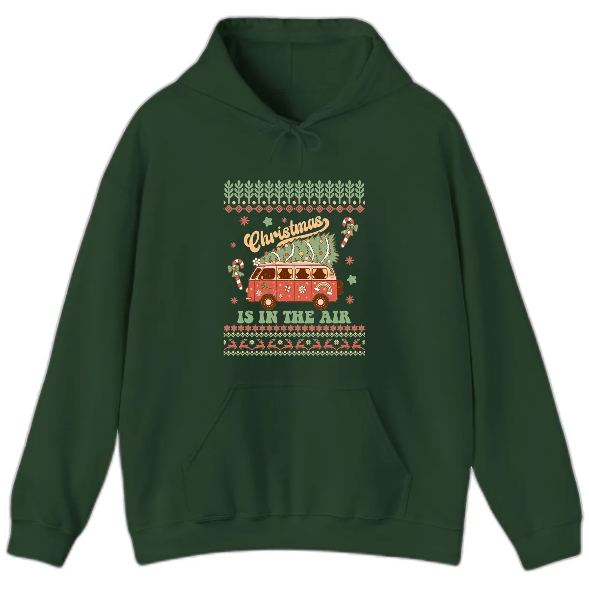 Retro Christmas Van Tree Delivery Hoodie in Forest Green