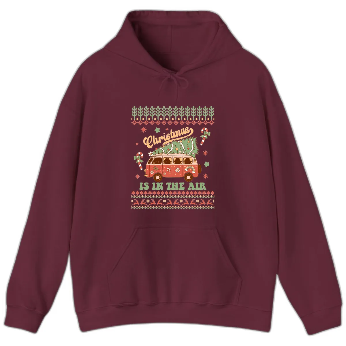 Retro Christmas Van Tree Delivery Hoodie in Maroon
