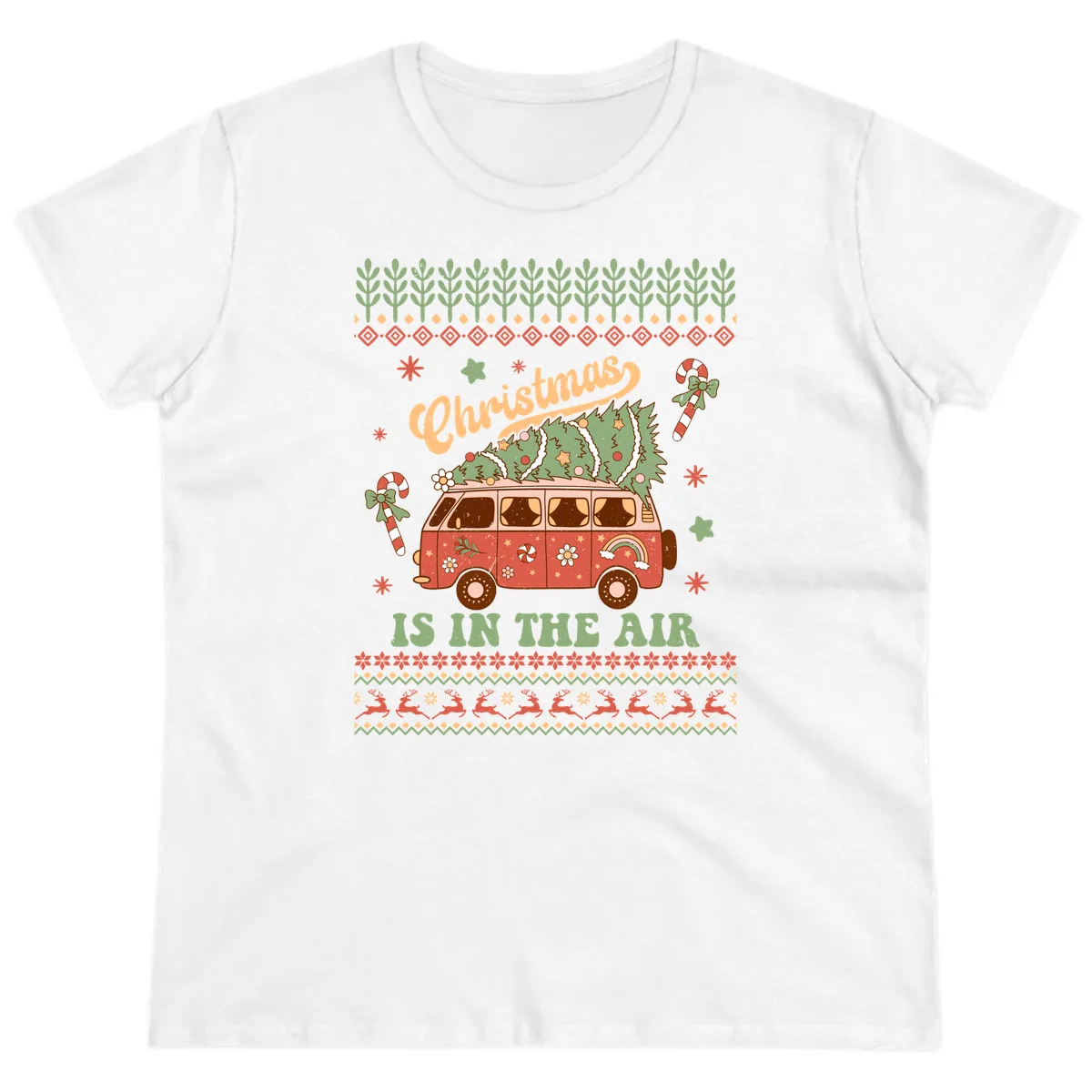 Retro Christmas Van Tree Delivery Ladies Tee in White