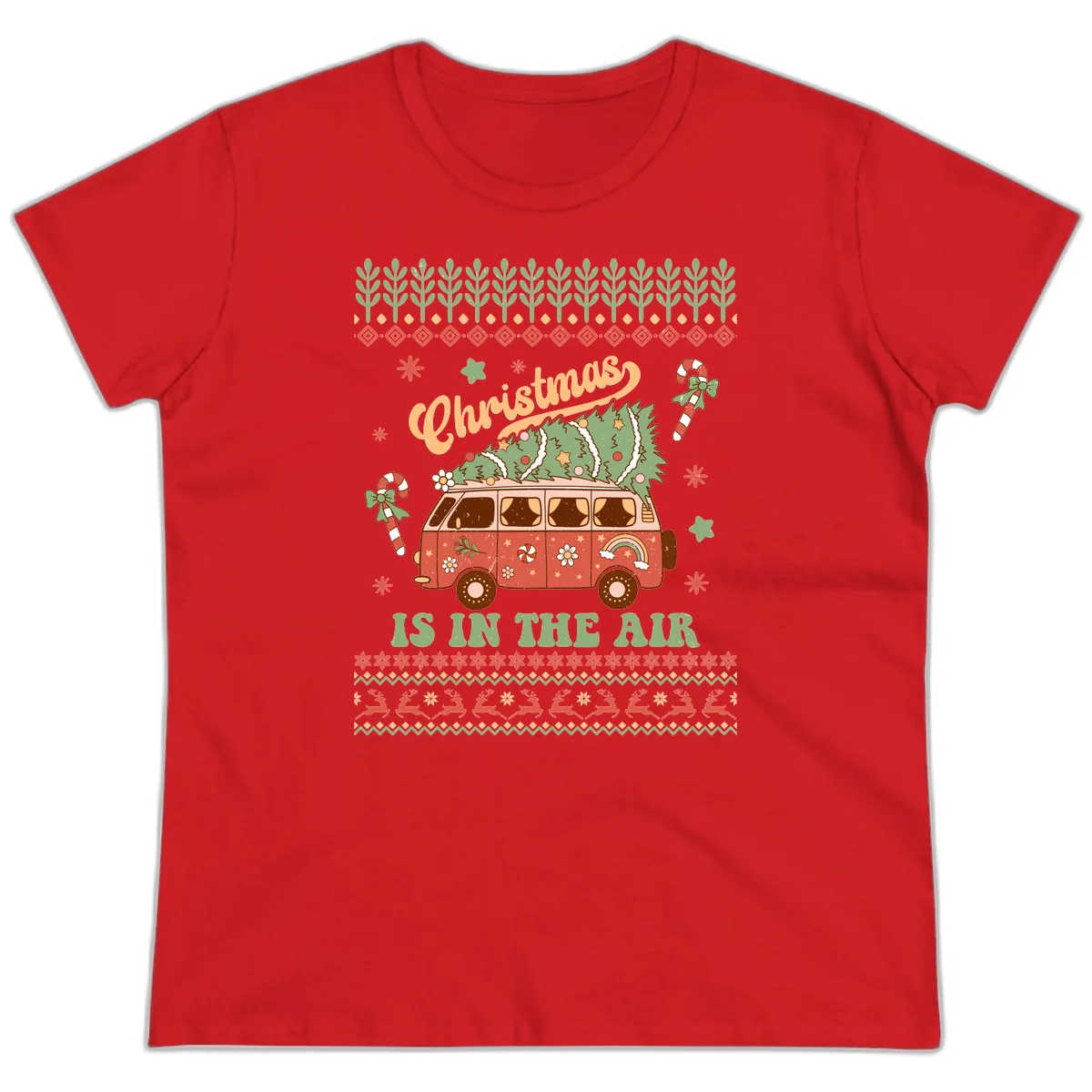 Retro Christmas Van Tree Delivery Ladies Tee in Red