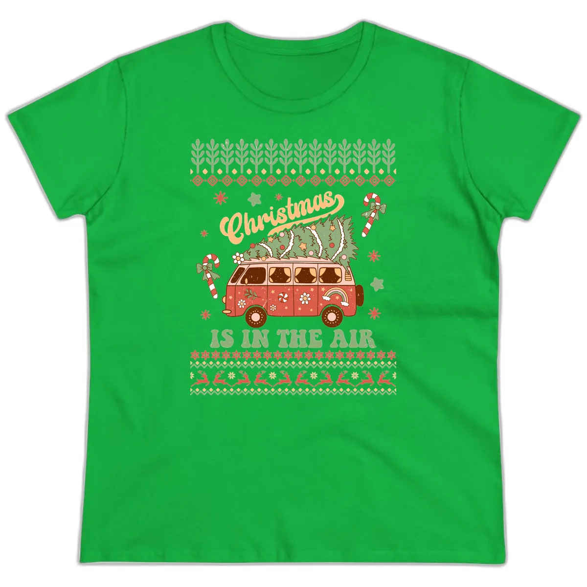 Retro Christmas Van Tree Delivery Ladies Tee in Irish Green