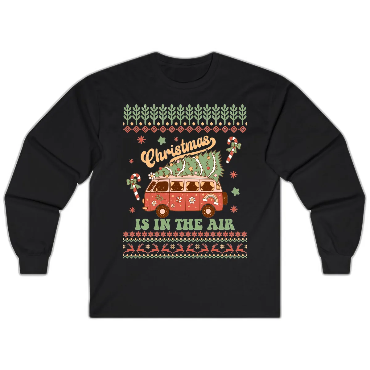 Retro Christmas Van Tree Delivery Long Sleeve in Black
