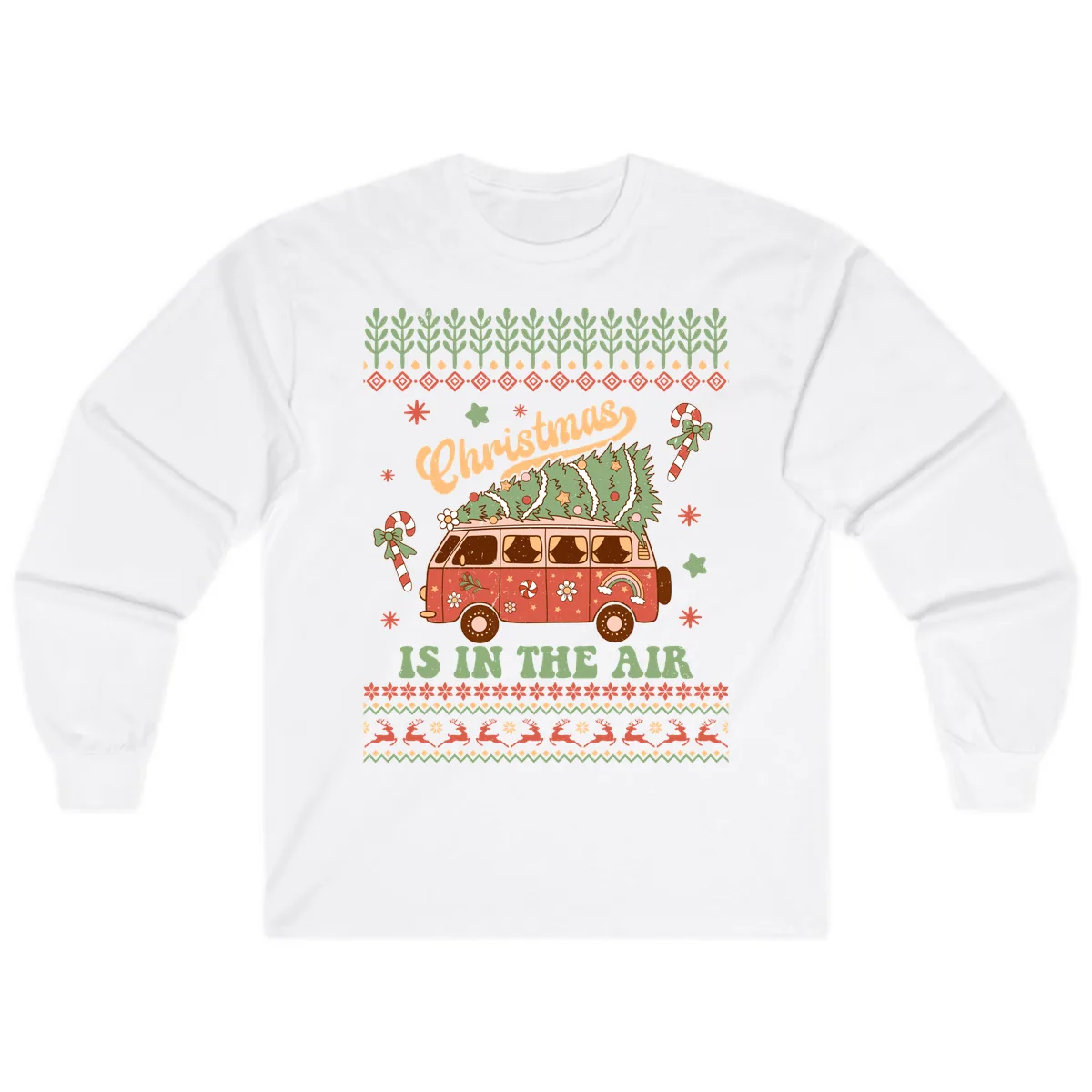 Retro Christmas Van Tree Delivery Long Sleeve in White