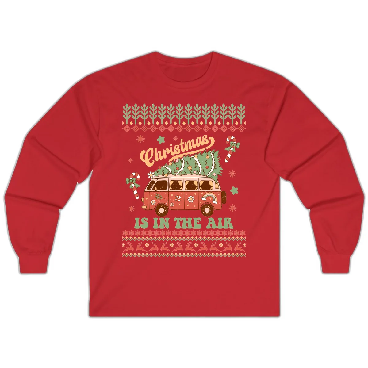 Retro Christmas Van Tree Delivery Long Sleeve in Red