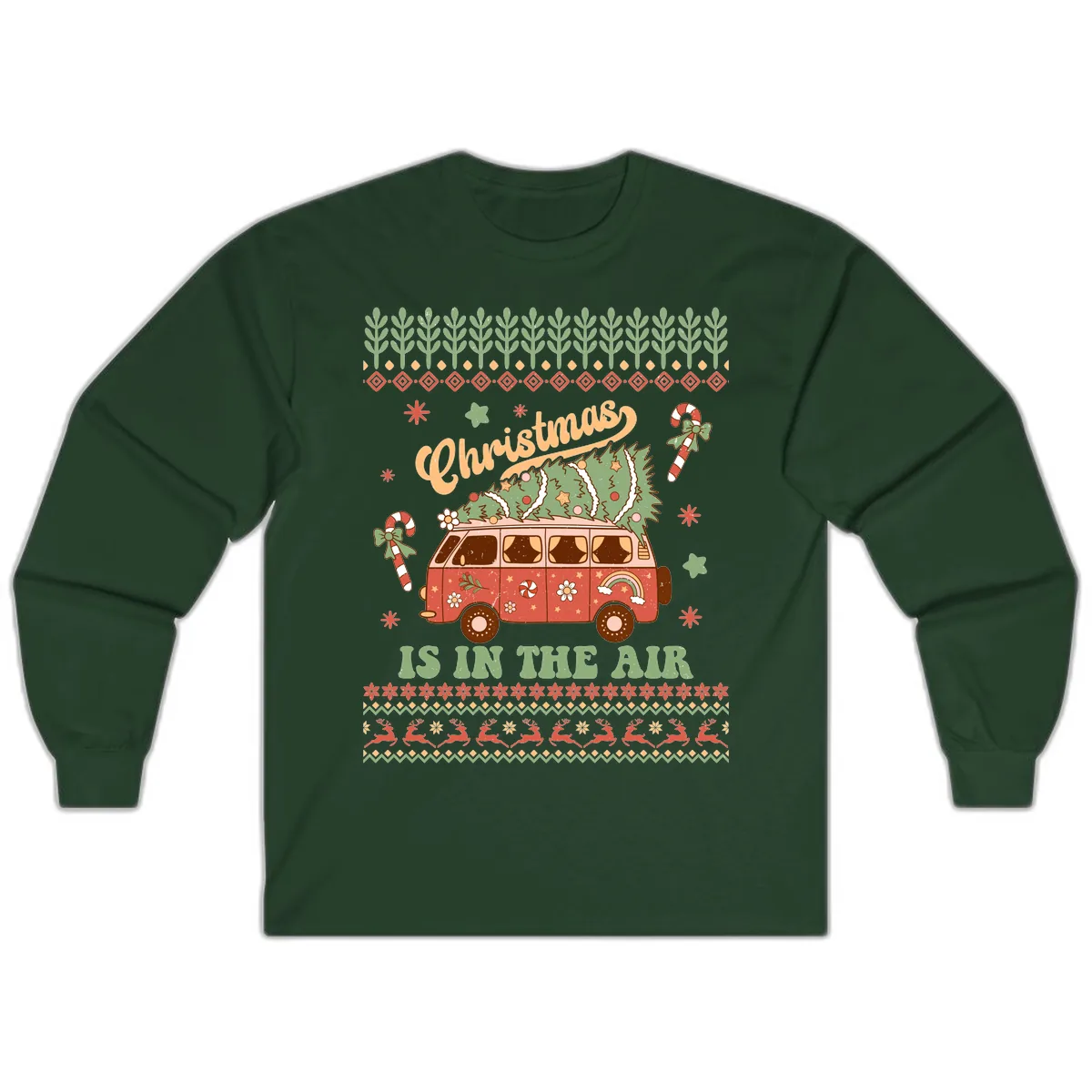 Retro Christmas Van Tree Delivery Long Sleeve in Forest Green