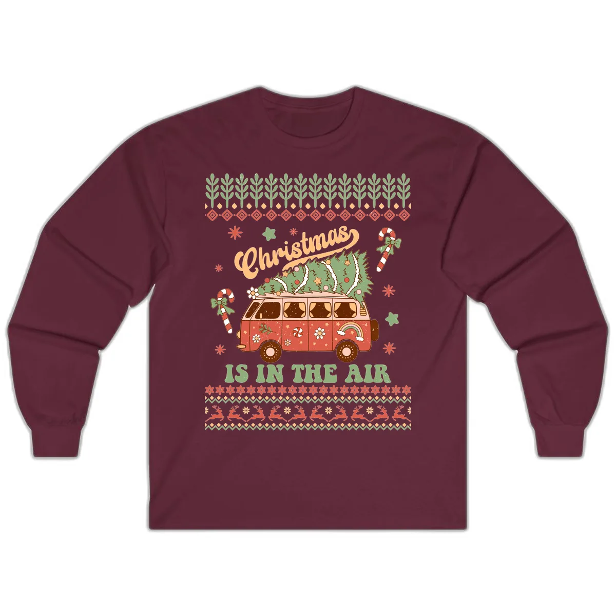 Retro Christmas Van Tree Delivery Long Sleeve in Maroon
