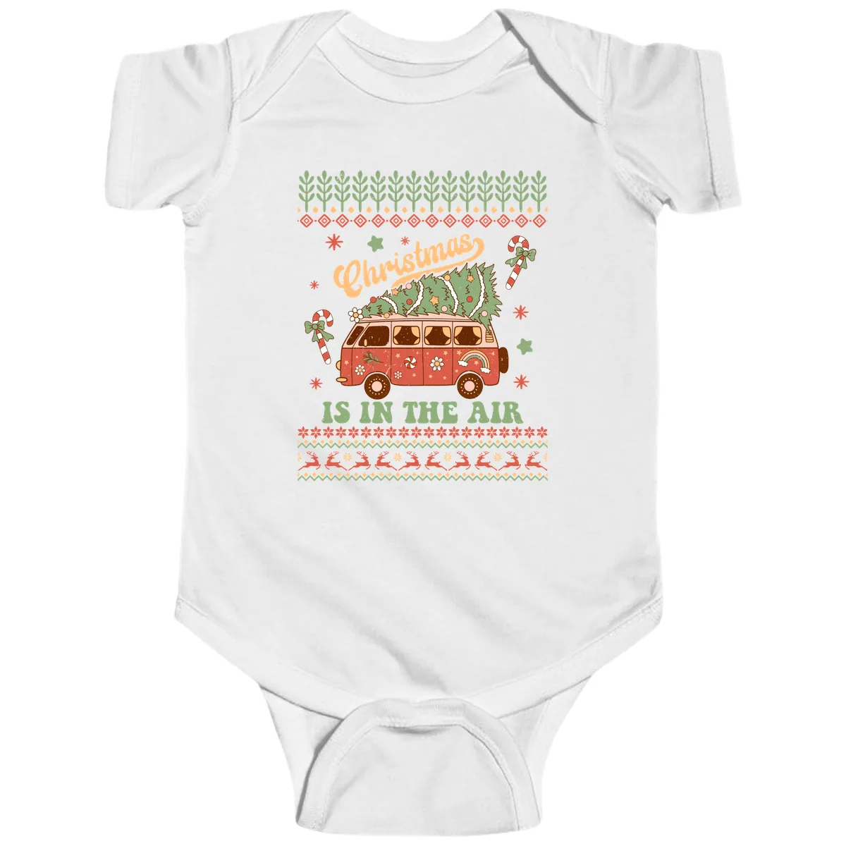 Retro Christmas Van Tree Delivery Baby Onesie in White