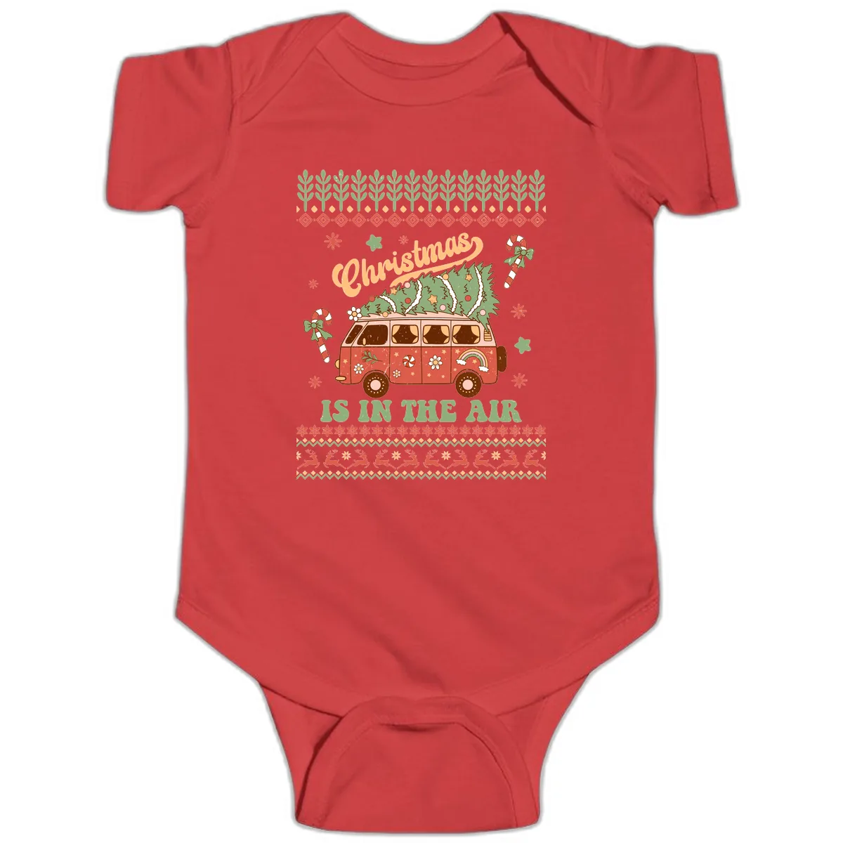 Retro Christmas Van Tree Delivery Baby Onesie in Red