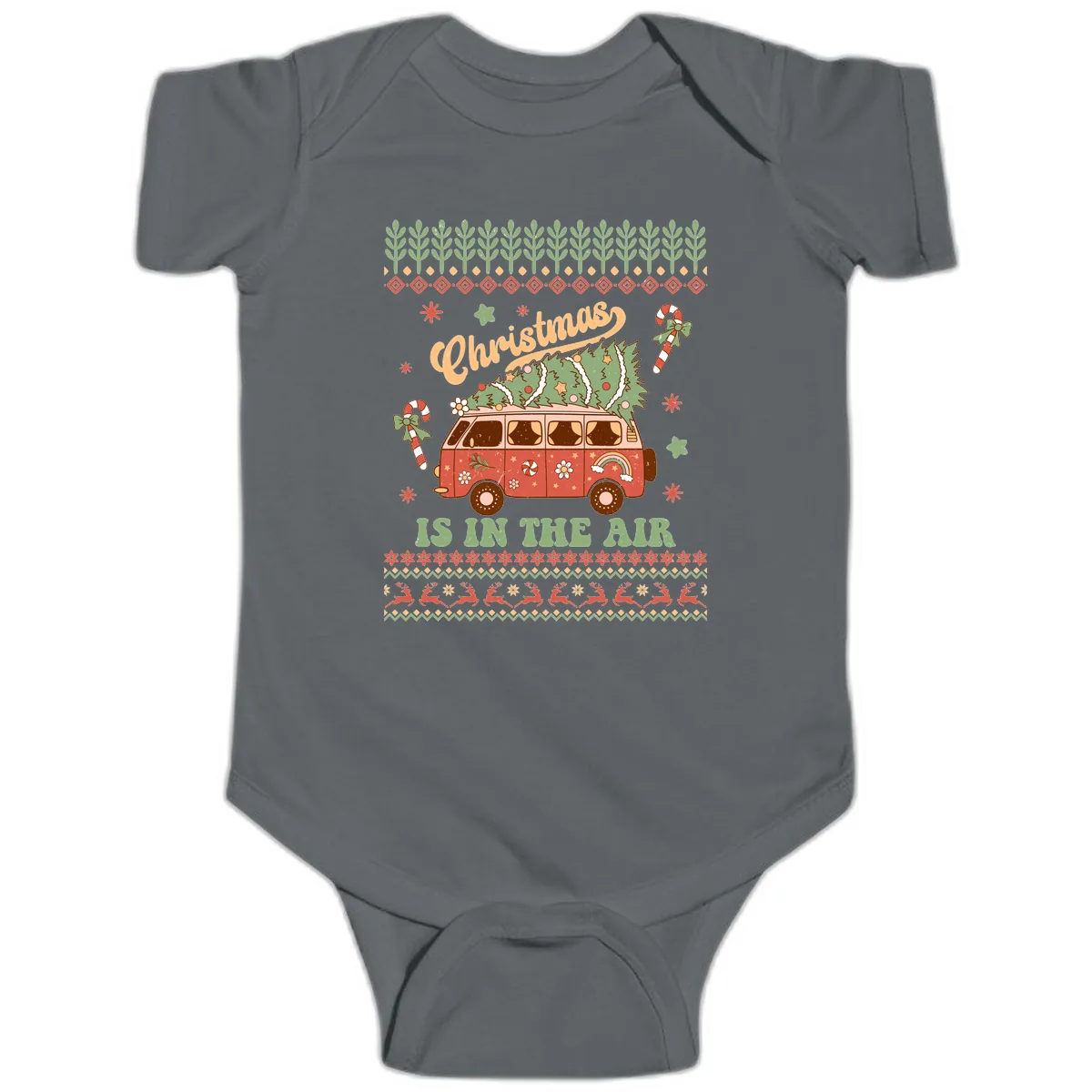 Retro Christmas Van Tree Delivery Baby Onesie in Charcoal