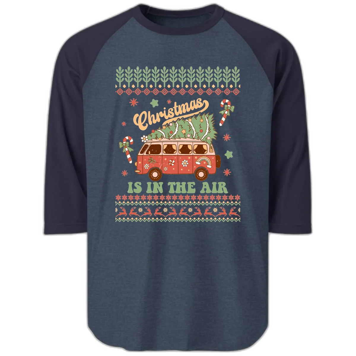 Retro Christmas Van Tree Delivery Raglan 3/4 in Heather Denim Navy