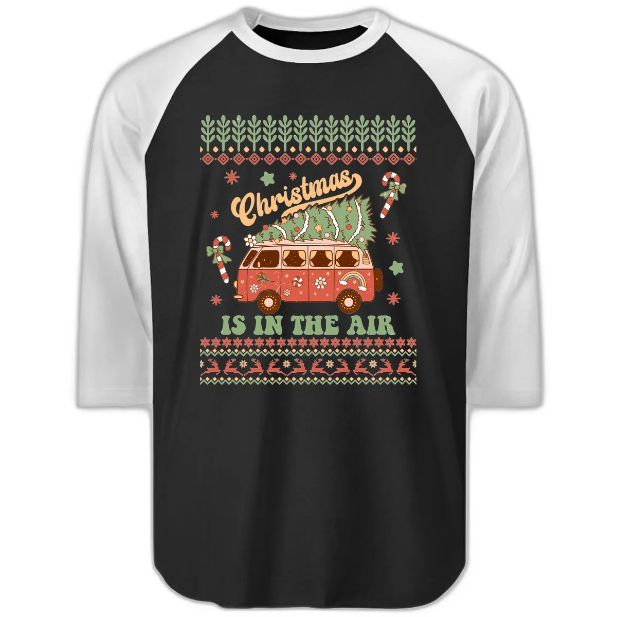 Retro Christmas Van Tree Delivery Raglan 3/4 in Black White