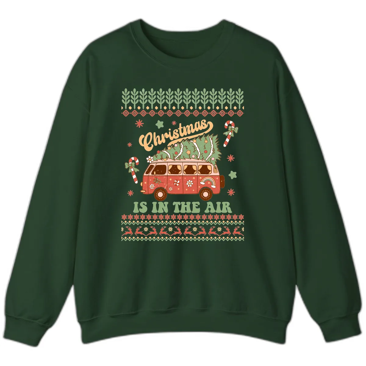 Retro Christmas Van Tree Delivery Sweatshirt in Forest Green