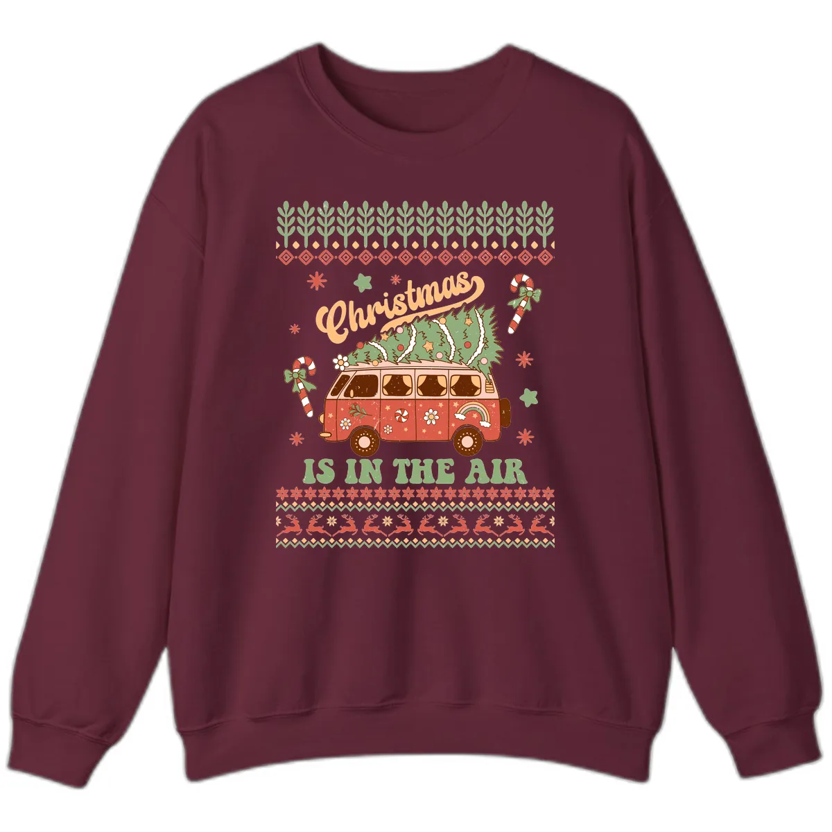 Retro Christmas Van Tree Delivery Sweatshirt in Maroon