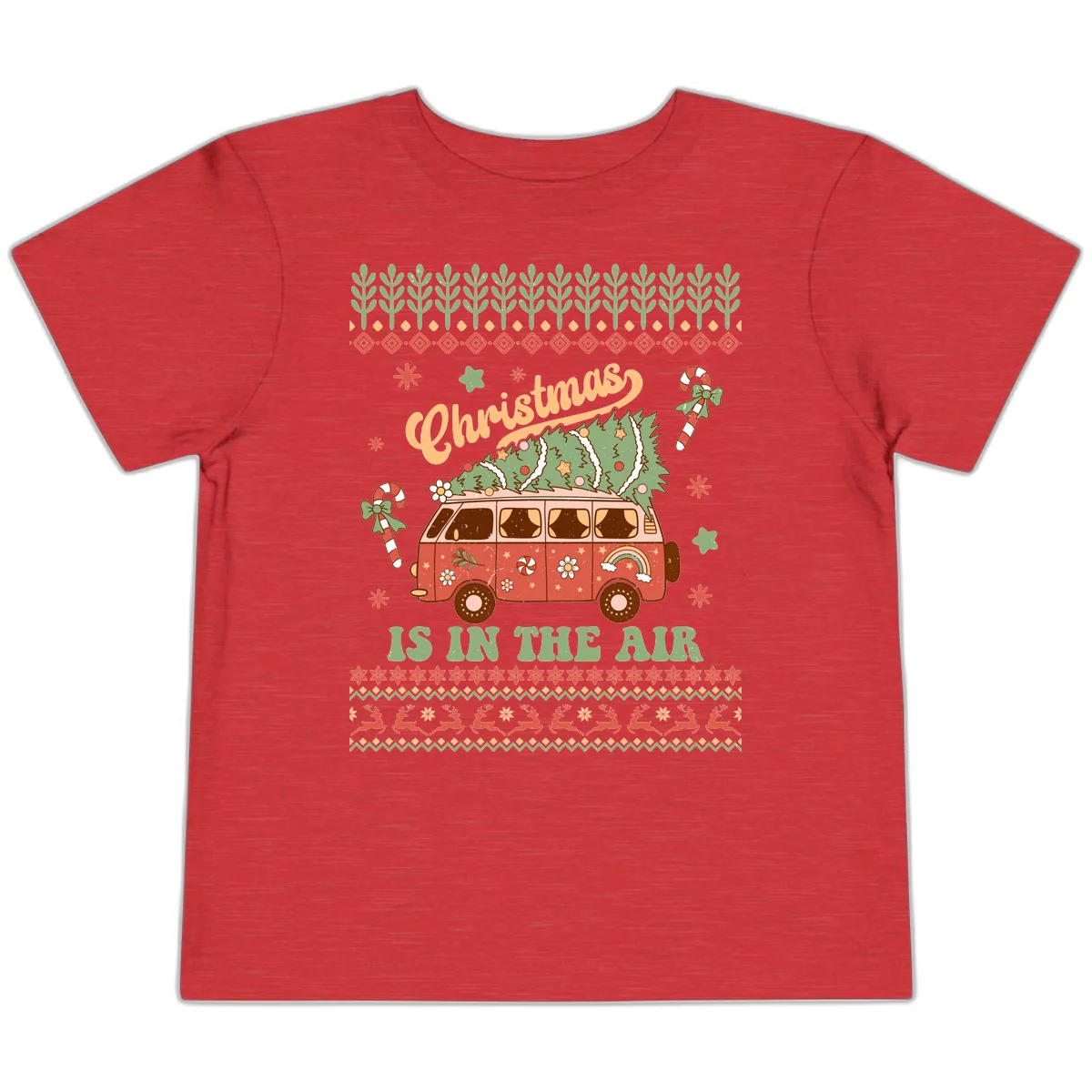 Retro Christmas Van Tree Delivery Toddler T-Shirt in Heather Red