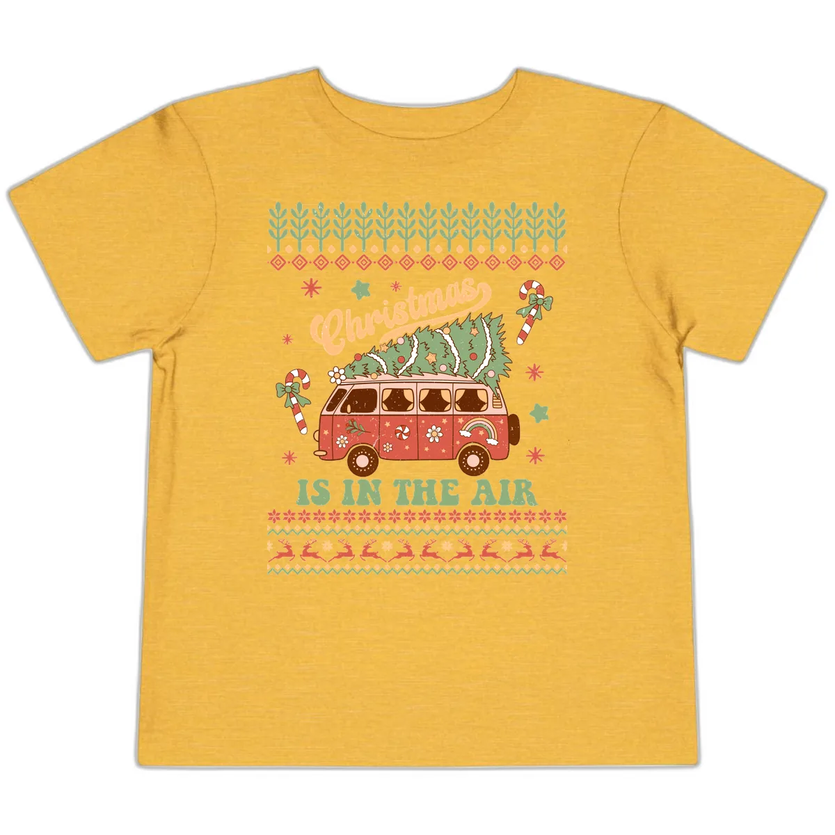 Retro Christmas Van Tree Delivery Toddler T-Shirt in Heather Yellow Gold