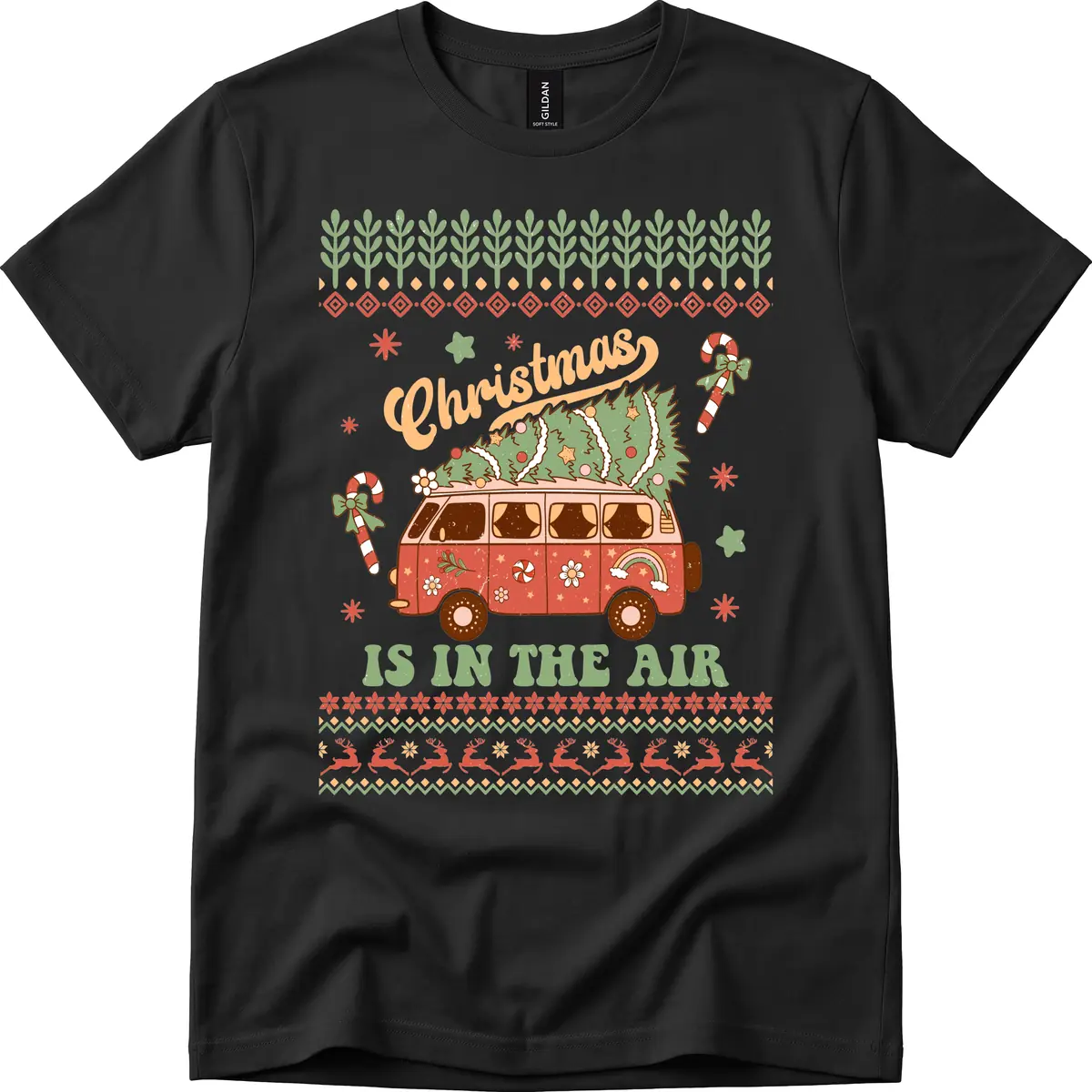 Retro Christmas Van Tree Delivery T-Shirt in Black