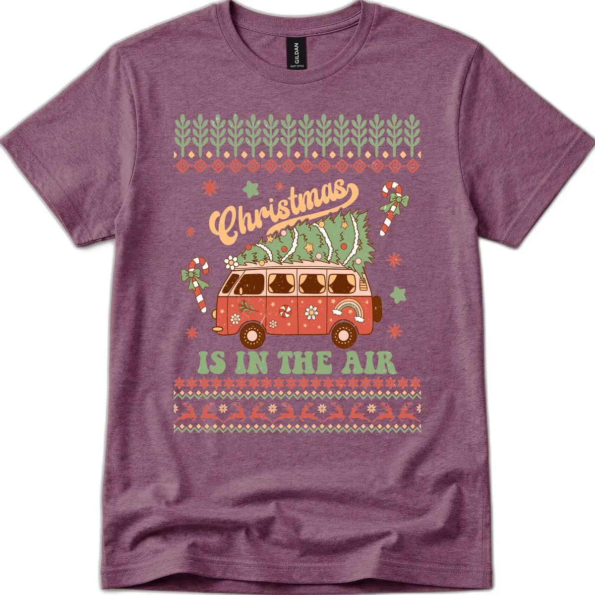 Retro Christmas Van Tree Delivery T-Shirt in Heather Maroon