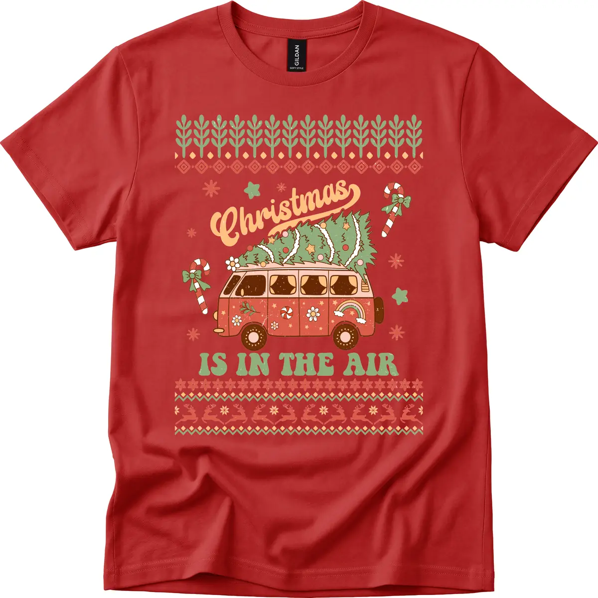 Retro Christmas Van Tree Delivery T-Shirt in Red