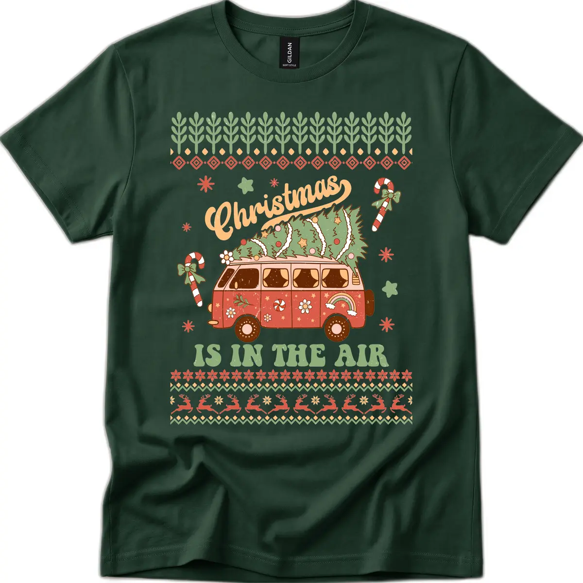 Retro Christmas Van Tree Delivery T-Shirt in Forest Green