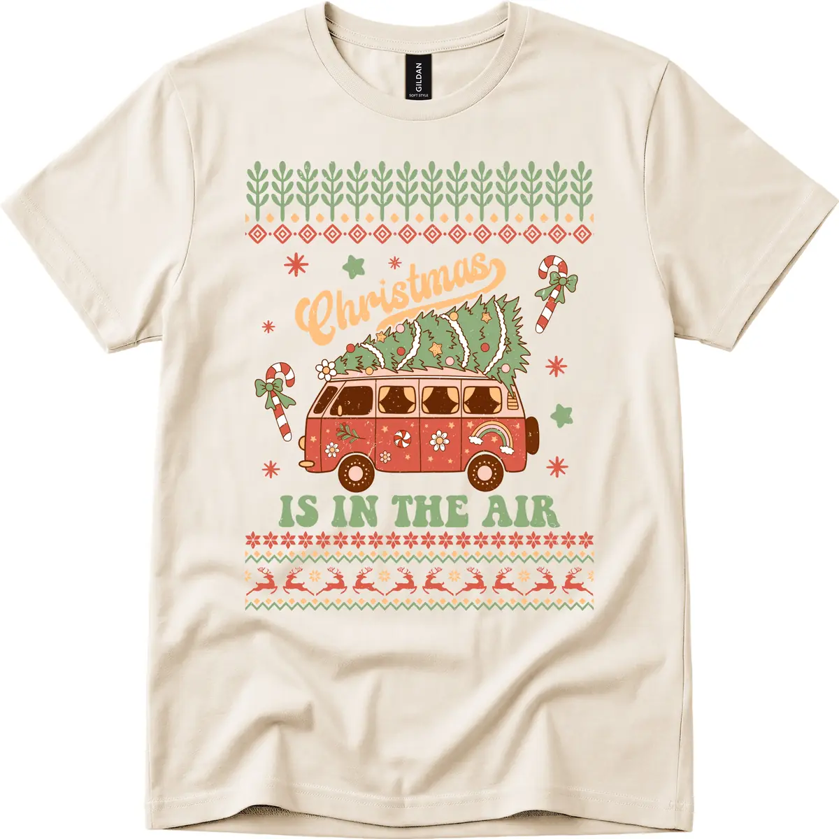 Retro Christmas Van Tree Delivery T-Shirt in Natural