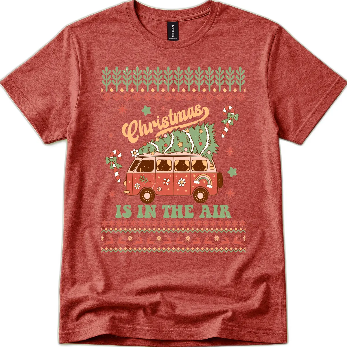Retro Christmas Van Tree Delivery T-Shirt in Heather Cardinal