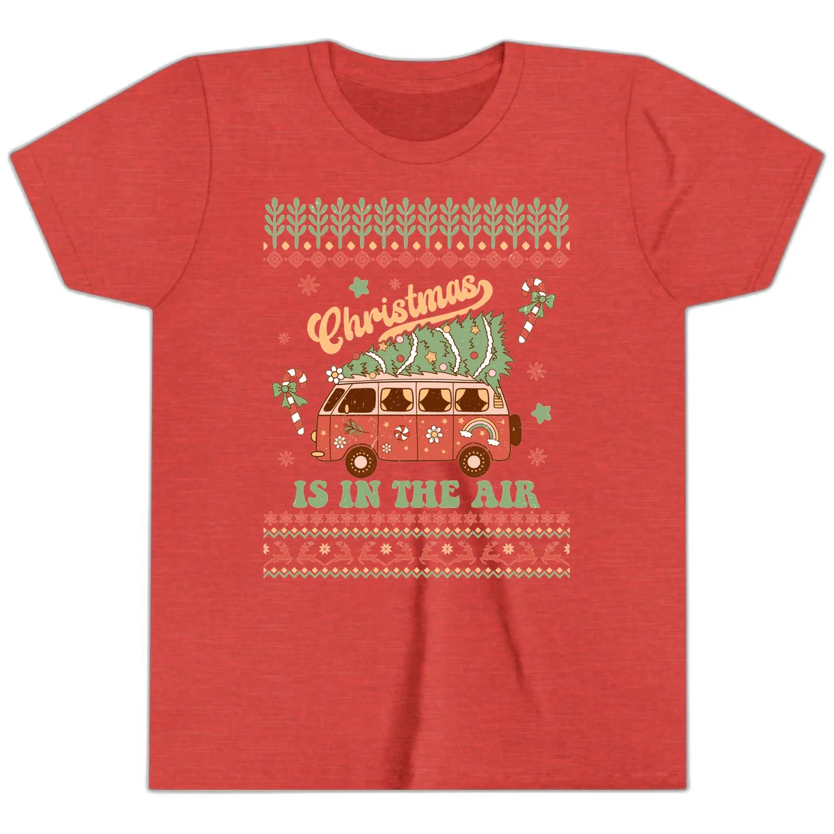 Retro Christmas Van Tree Delivery Youth T-Shirt in Heather Red