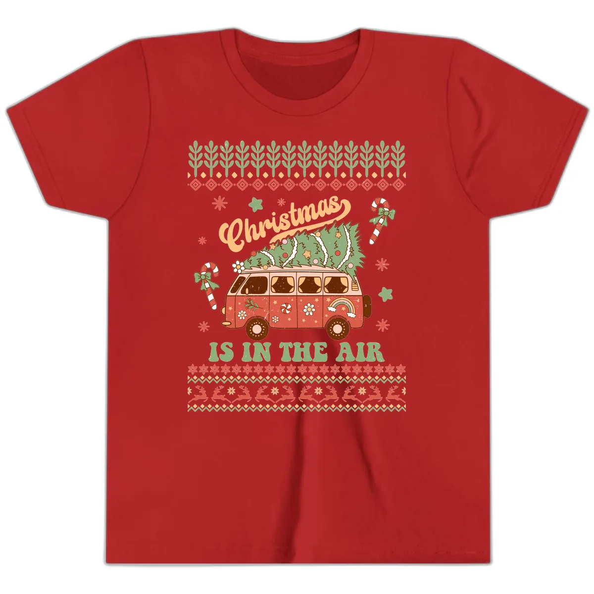 Retro Christmas Van Tree Delivery Youth T-Shirt in Red