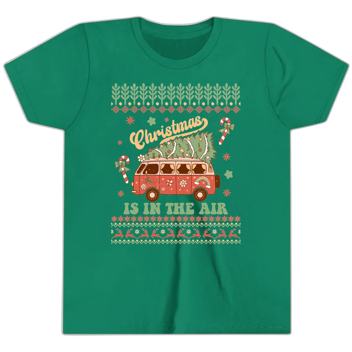 Retro Christmas Van Tree Delivery Youth T-Shirt in Kelly