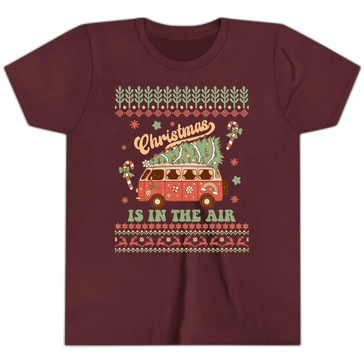 Retro Christmas Van Tree Delivery Youth T-Shirt in Maroon