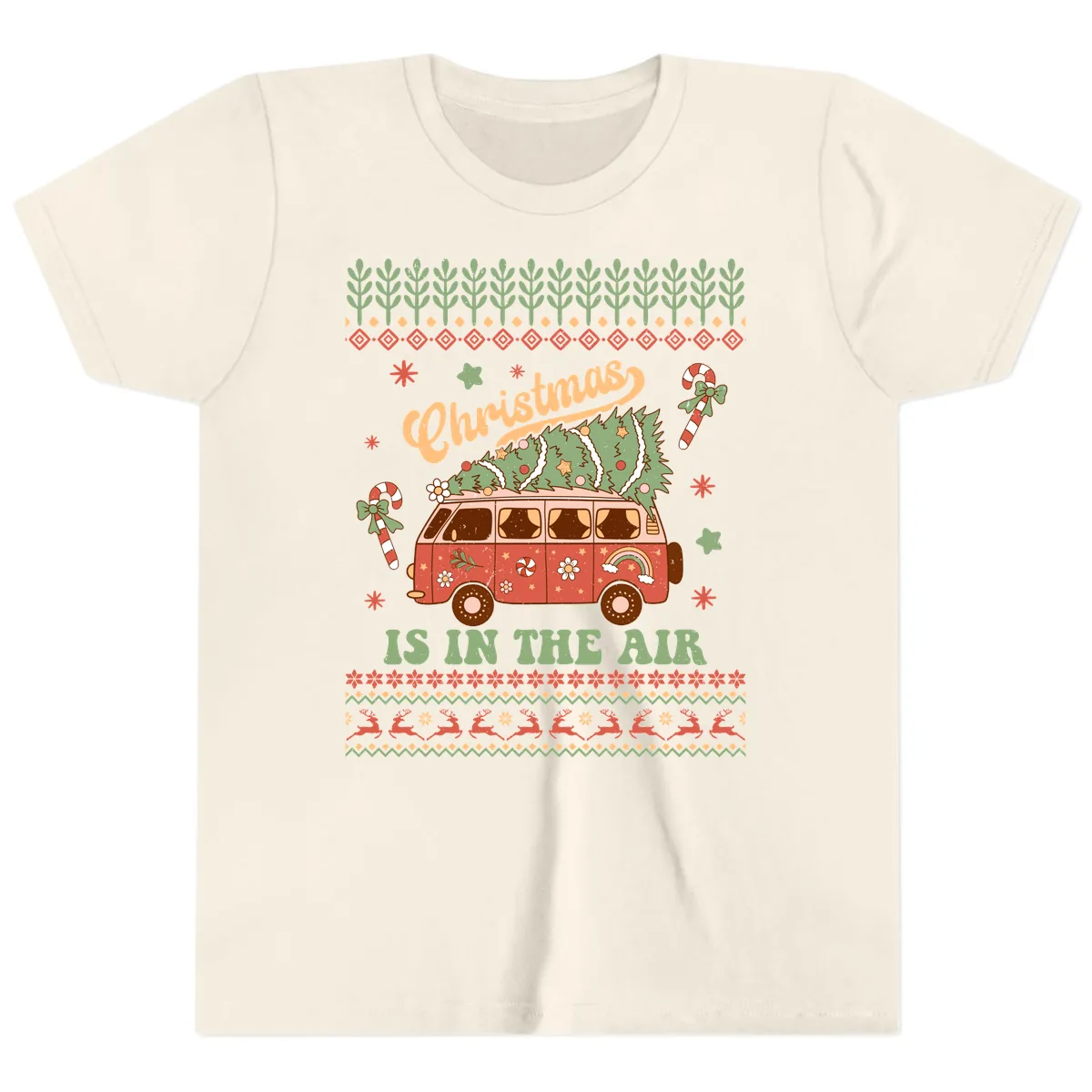 Retro Christmas Van Tree Delivery Youth T-Shirt in Natural