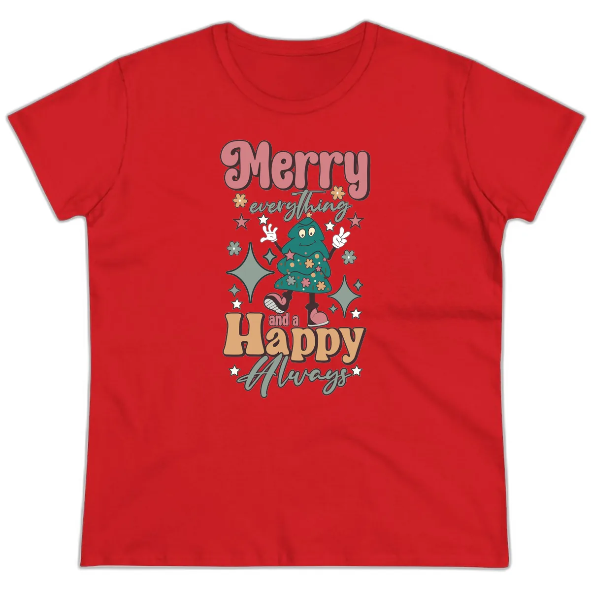 Merry Everything And A Happy Always Tree Ladies Tee in Red