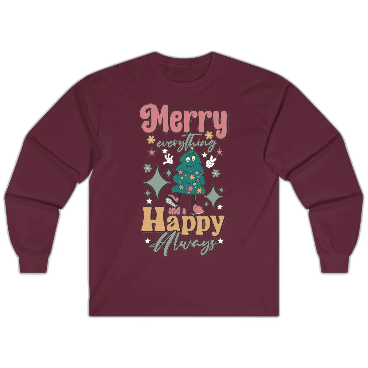 Merry Everything And A Happy Always Tree Long Sleeve in Maroon
