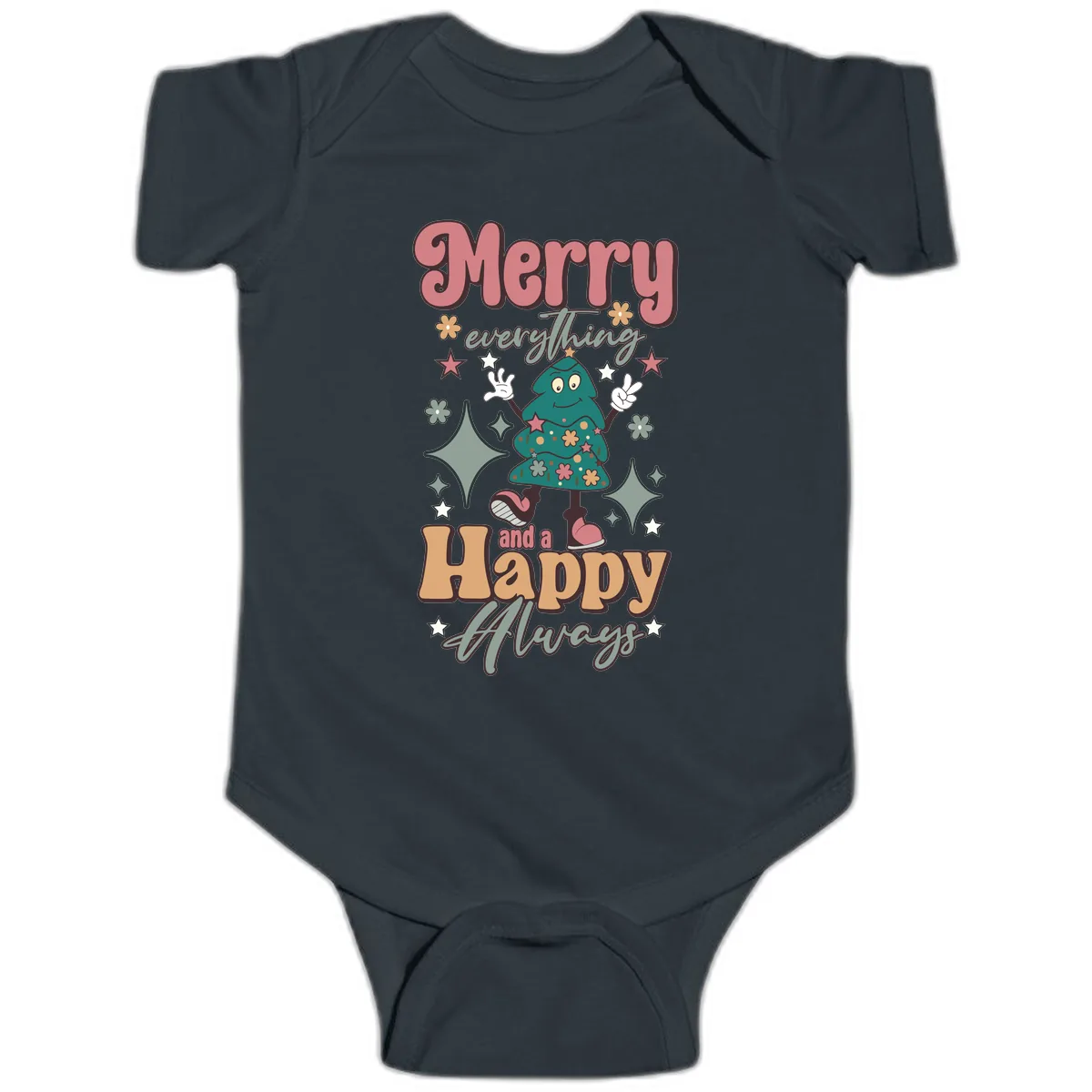 Merry Everything And A Happy Always Tree Baby Onesie in Black