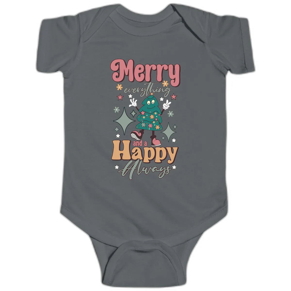 Merry Everything And A Happy Always Tree Baby Onesie in Charcoal