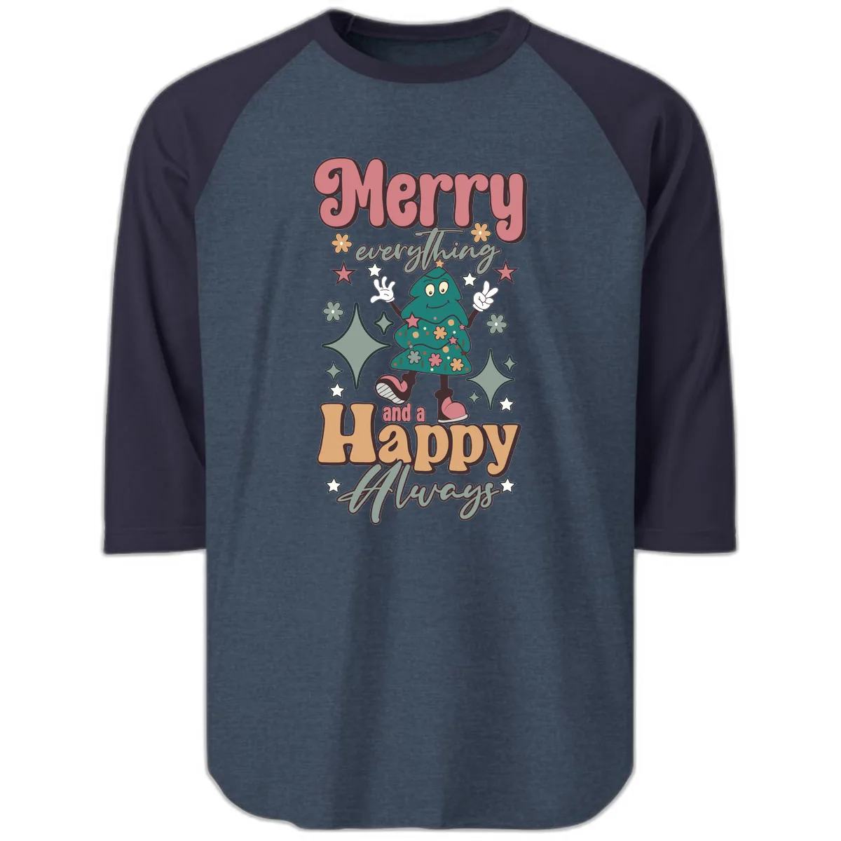Merry Everything And A Happy Always Tree Raglan 3/4 in Heather Denim Navy