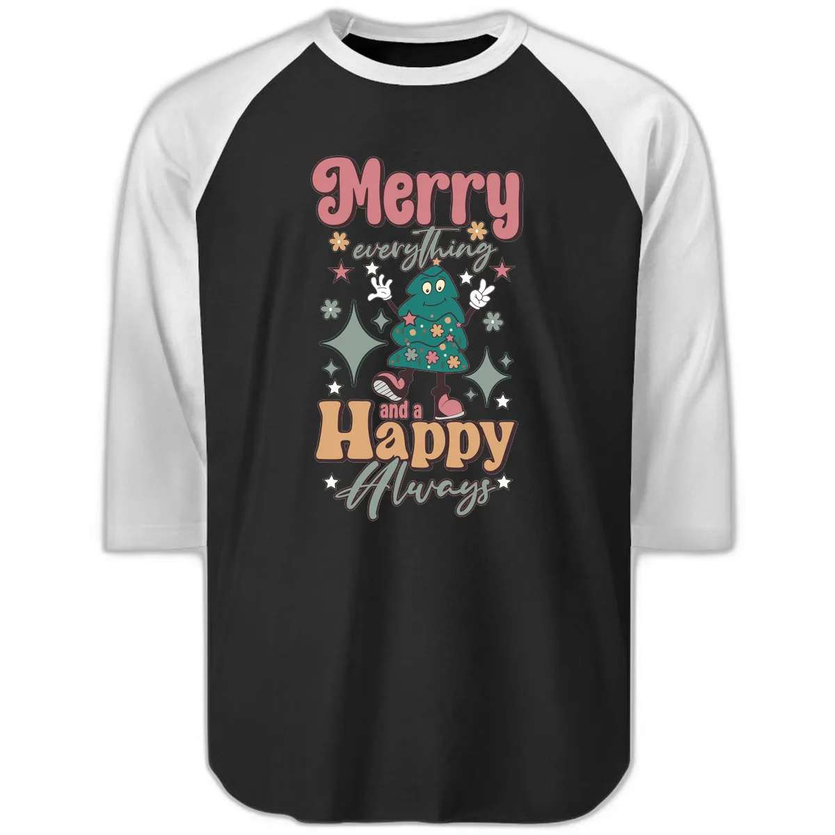Merry Everything And A Happy Always Tree Raglan 3/4 in Black White
