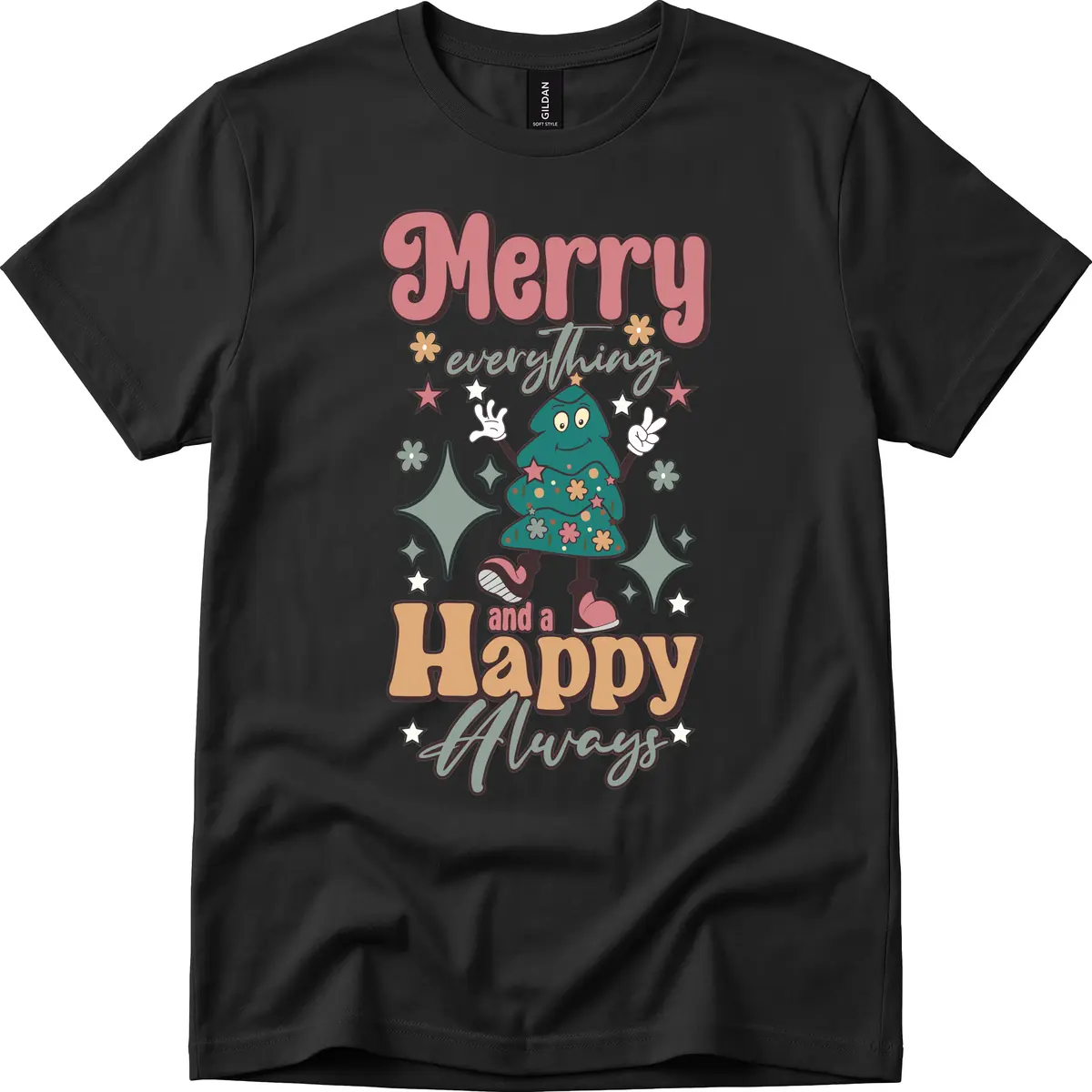 Merry Everything And A Happy Always Tree T-Shirt in Black