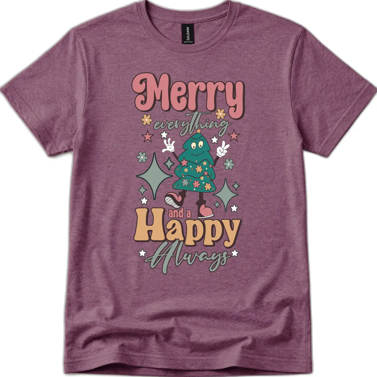 Merry Everything And A Happy Always Tree T-Shirt in Heather Maroon