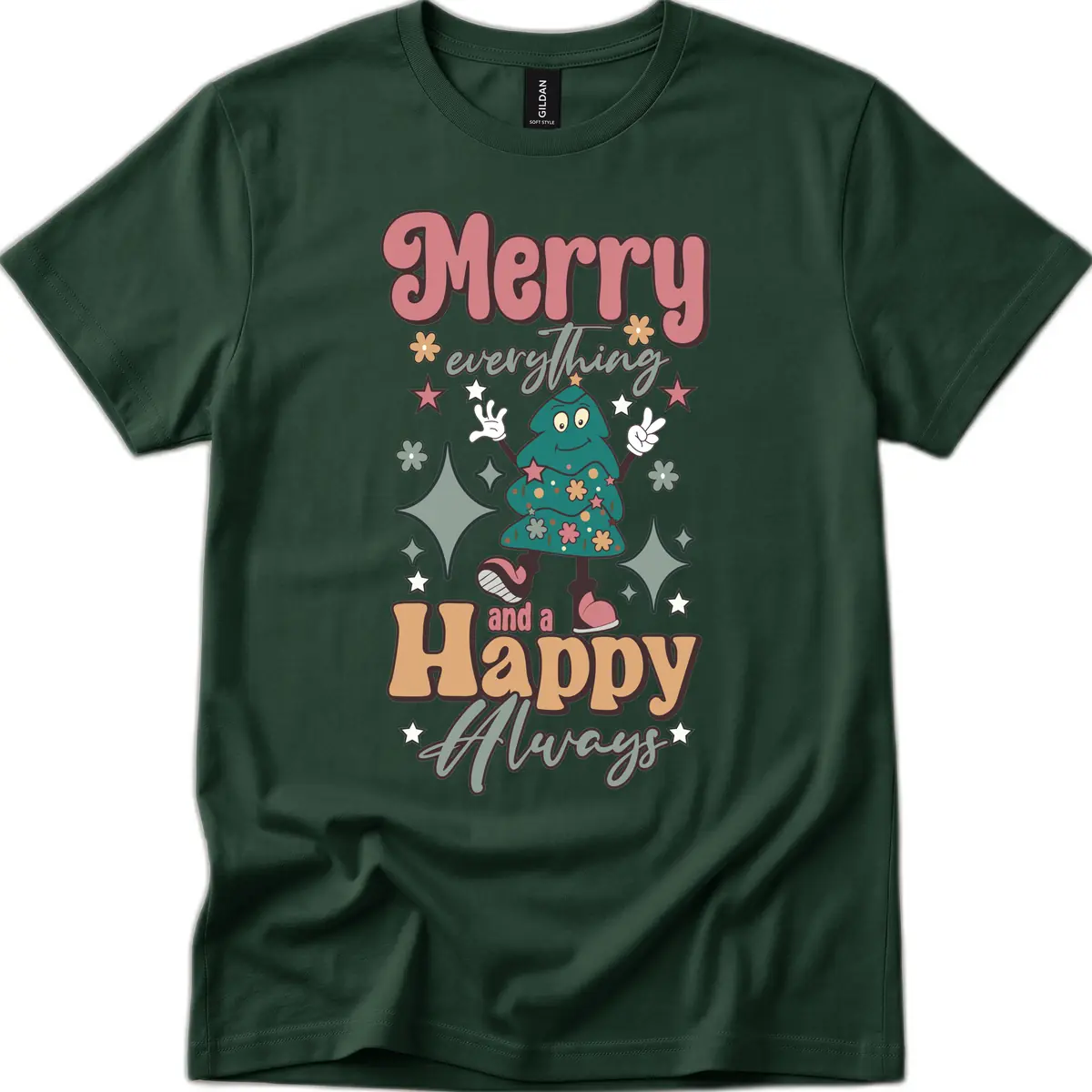 Merry Everything And A Happy Always Tree T-Shirt in Forest Green