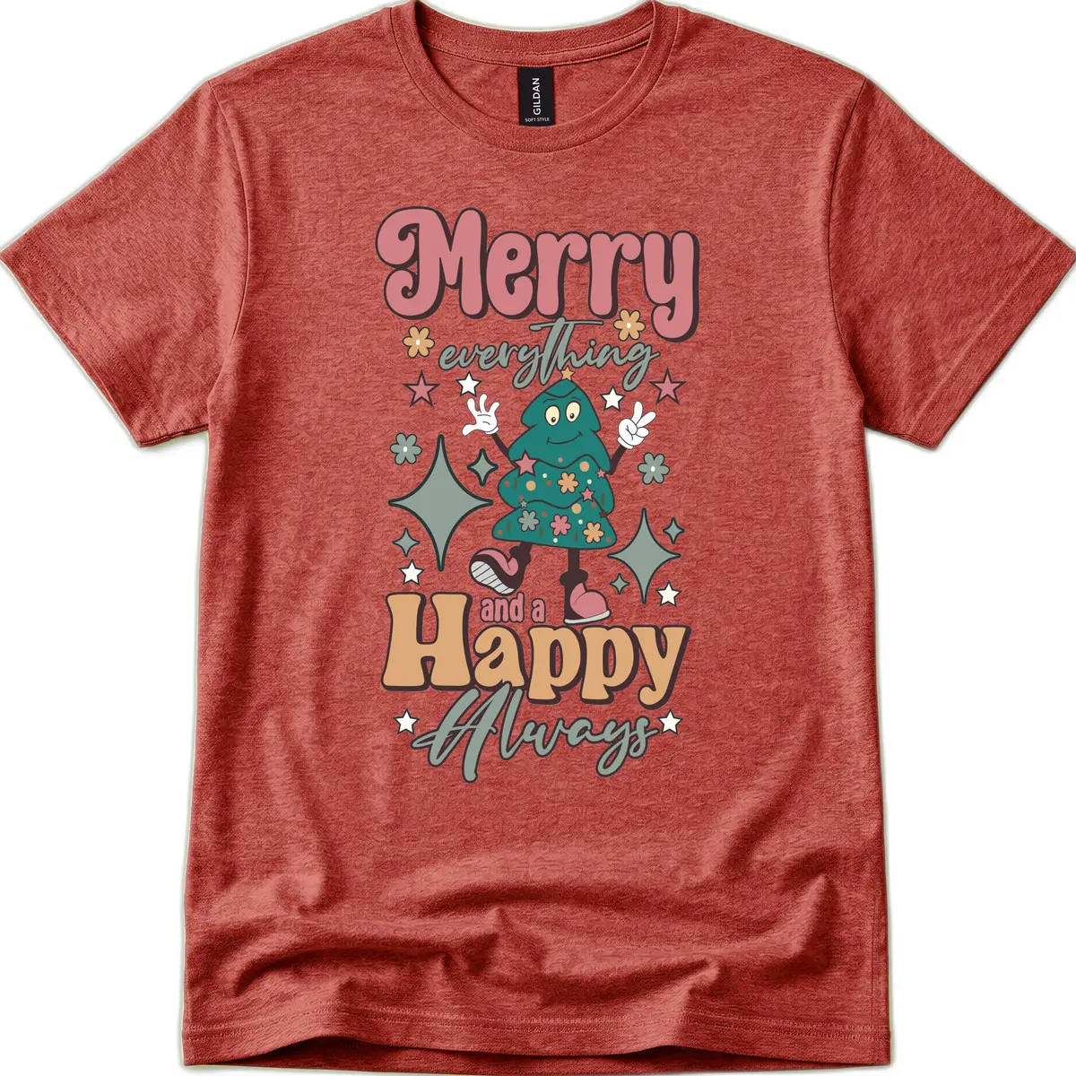 Merry Everything And A Happy Always Tree T-Shirt in Heather Cardinal