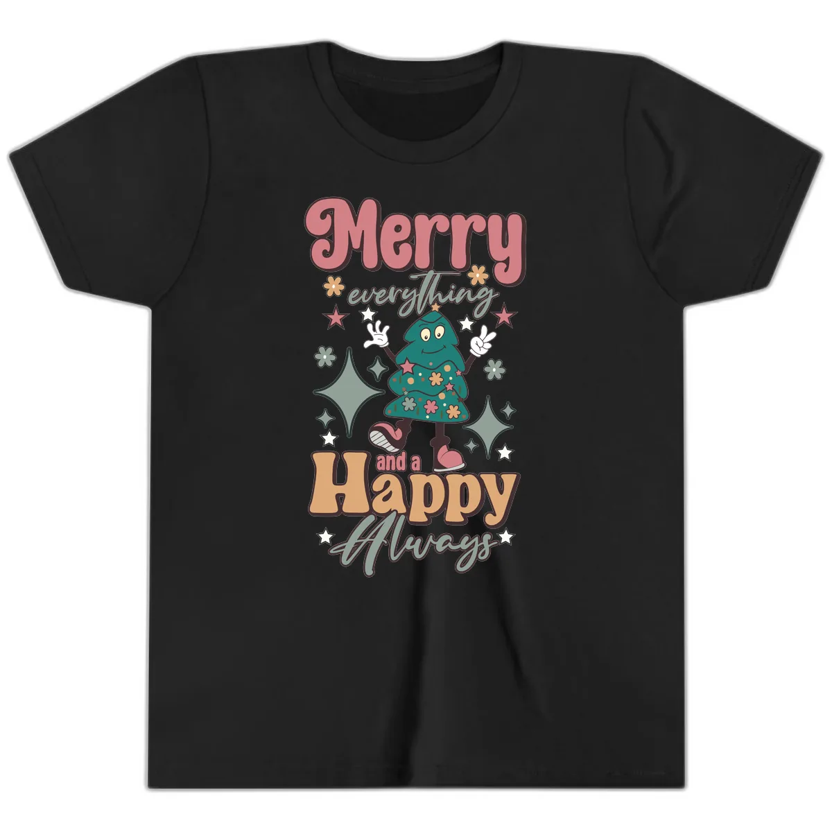 Merry Everything And A Happy Always Tree Youth T-Shirt in Black