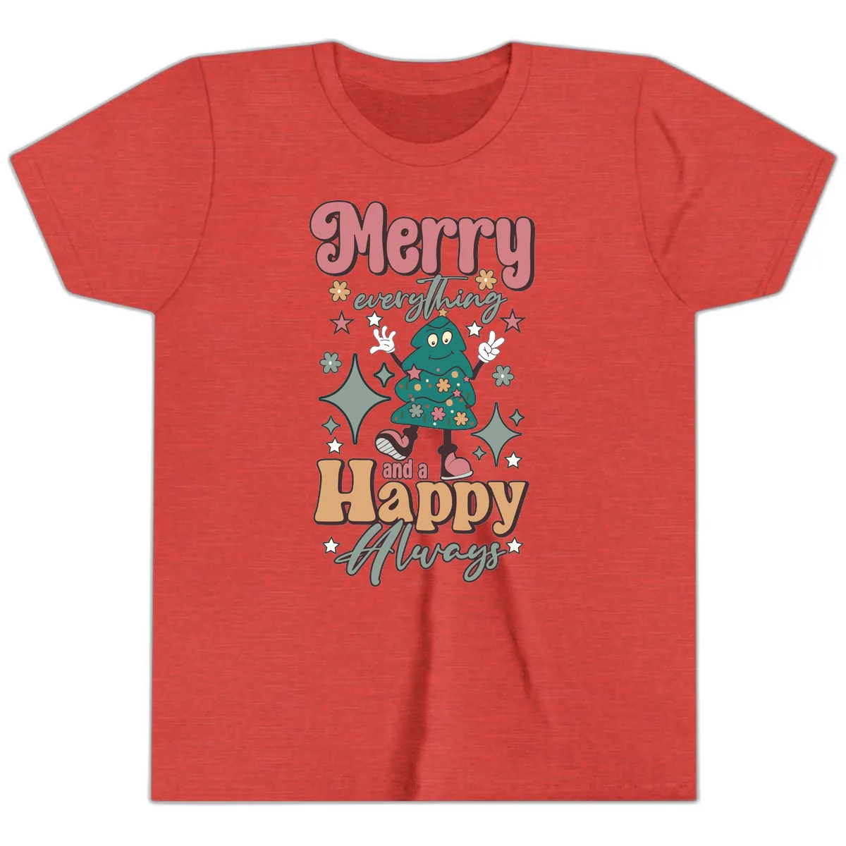 Merry Everything And A Happy Always Tree Youth T-Shirt in Heather Red