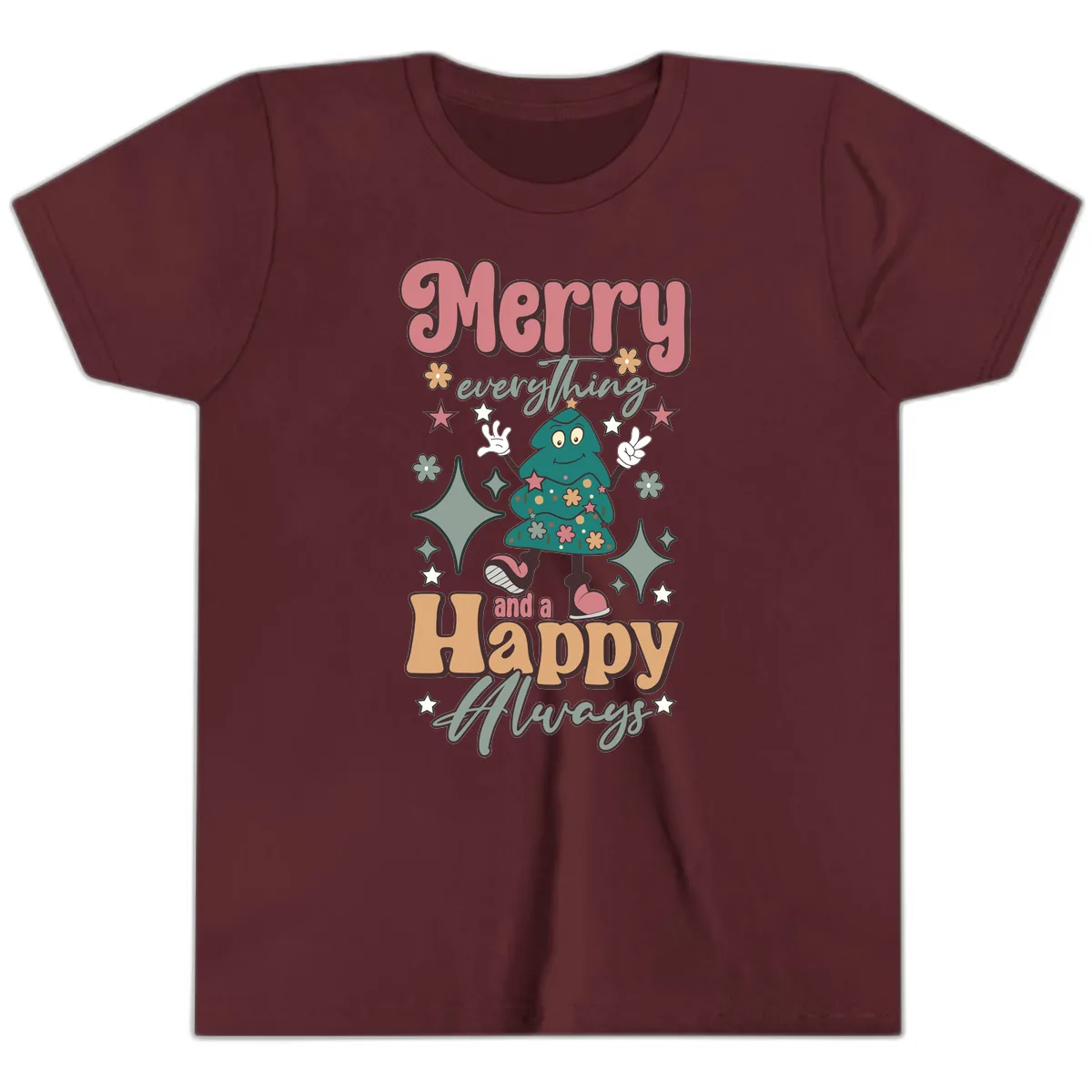 Merry Everything And A Happy Always Tree Youth T-Shirt in Maroon