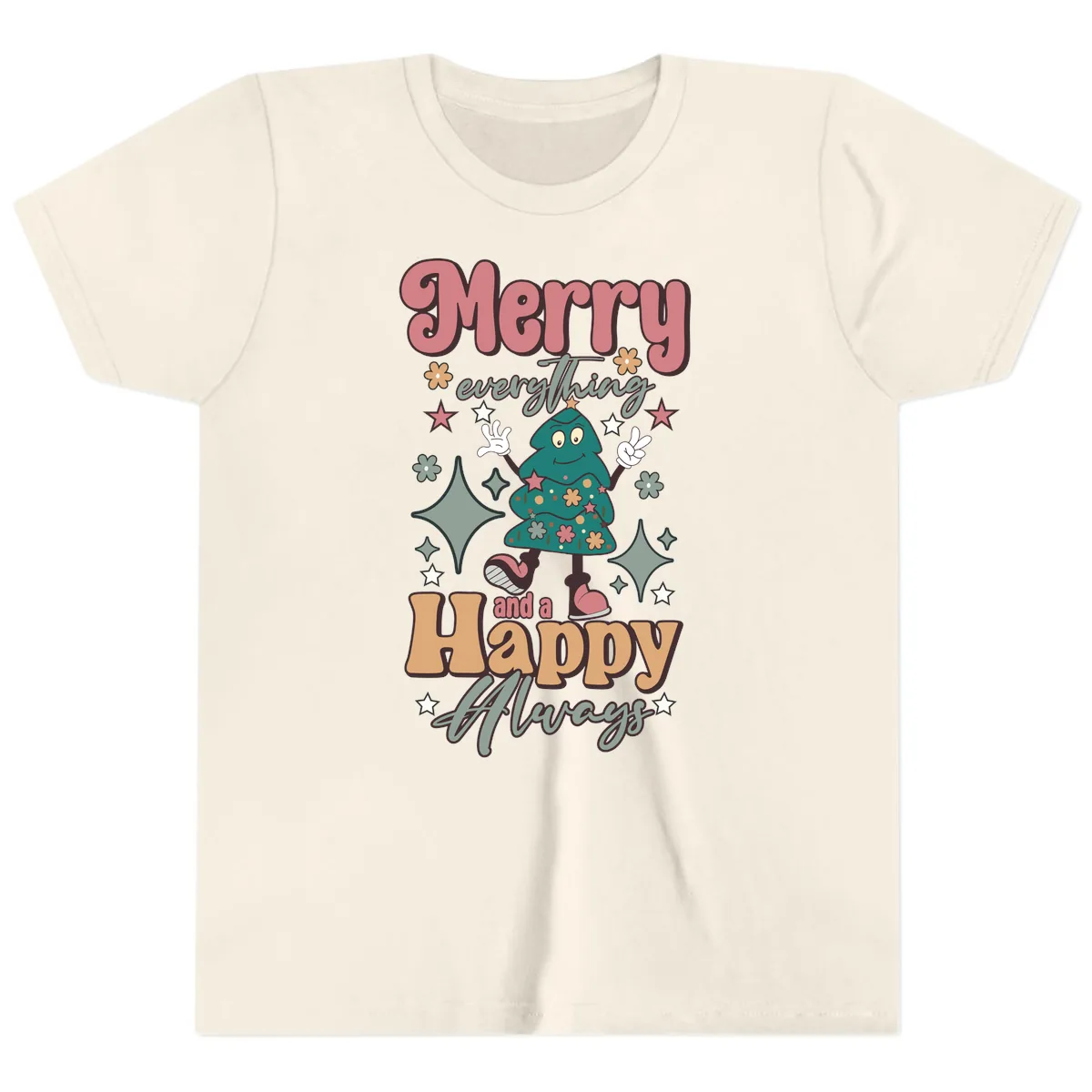 Merry Everything And A Happy Always Tree Youth T-Shirt in Natural