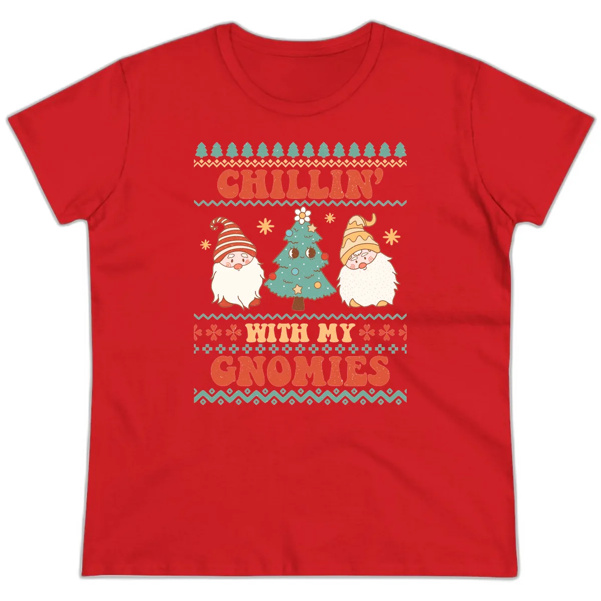 Chillin With My Gnomies Holiday Design Ladies Tee in Red